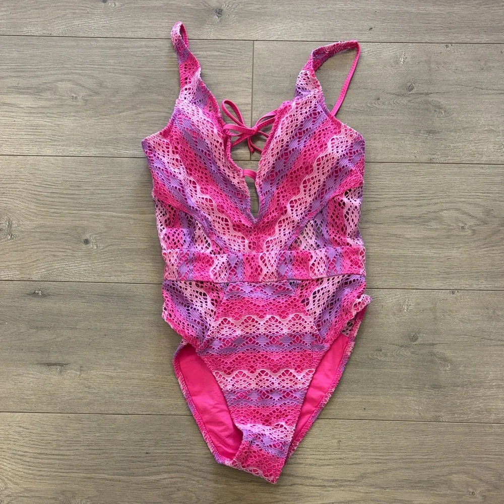 Becca pink crochet one piece swimsuit - Picture 2 of 9